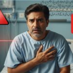 Pakistani man holding chest in silent heart attack pain with heartbeat line in background