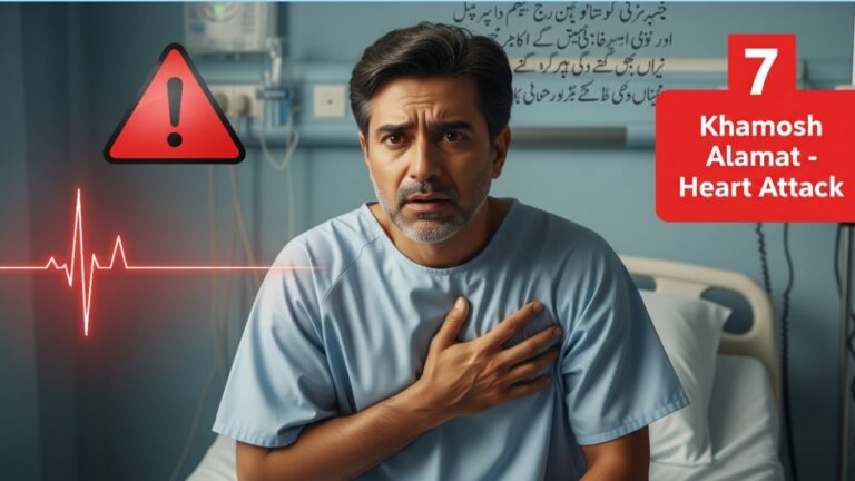 Pakistani man holding chest in silent heart attack pain with heartbeat line in background
