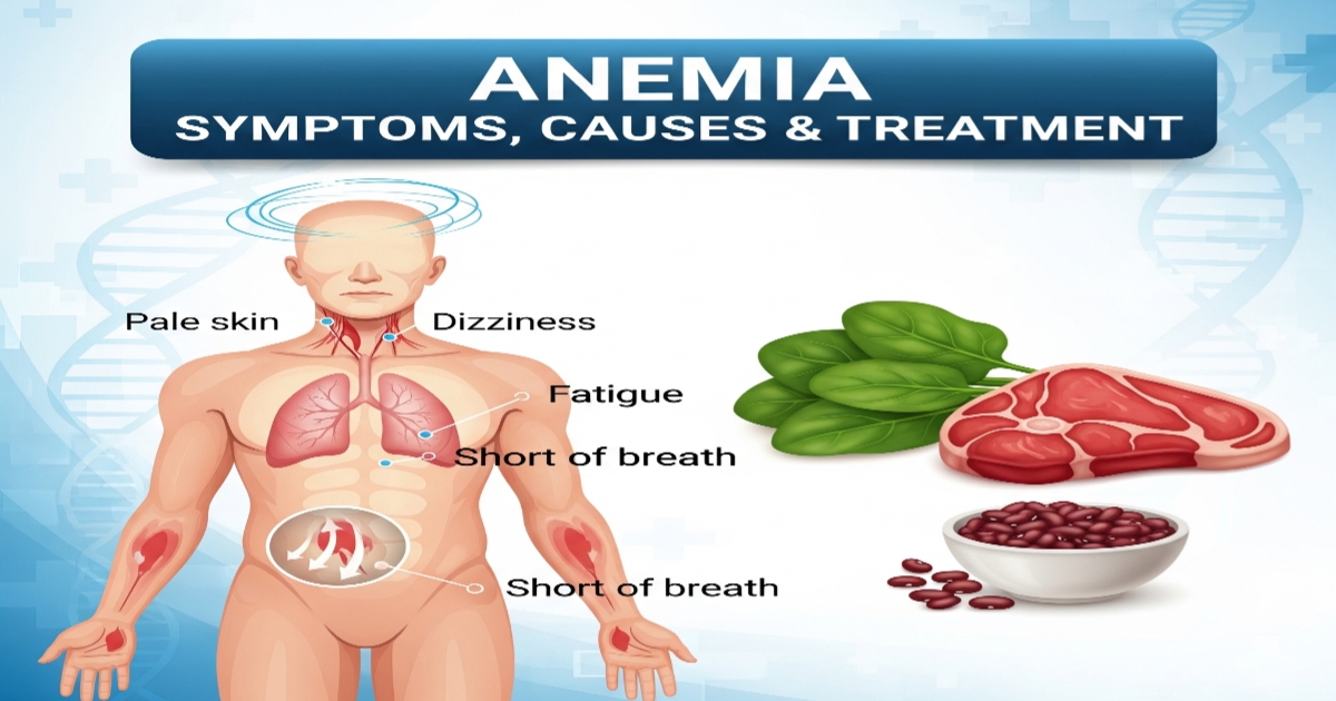 Anemia Symptoms, Causes, Treatment and Diet Guide in Roman Urdu. Visual representation of anemia symptoms, iron-rich foods, and medical graphics for better understanding.