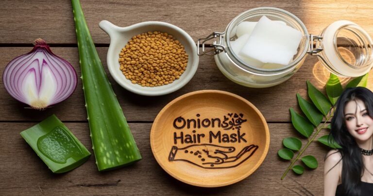 Onion oil, aloe vera aur methi dana se tayar natural hair fall treatment ka desi nuskha.
