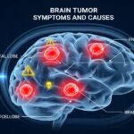 Medical infographic showing brain tumor symptoms and causes with MRI-style illustration