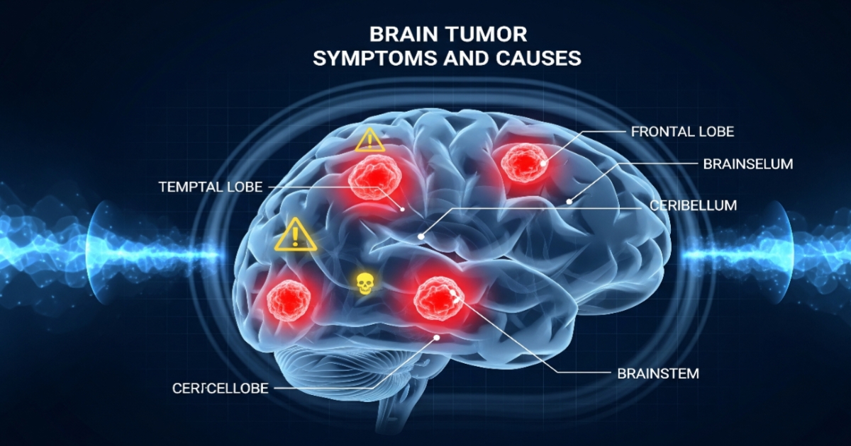 Medical infographic showing brain tumor symptoms and causes with MRI-style illustration
