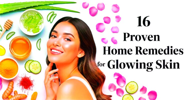 Beautiful young woman with glowing skin using natural home remedies like aloe vera, turmeric, honey, and saffron.