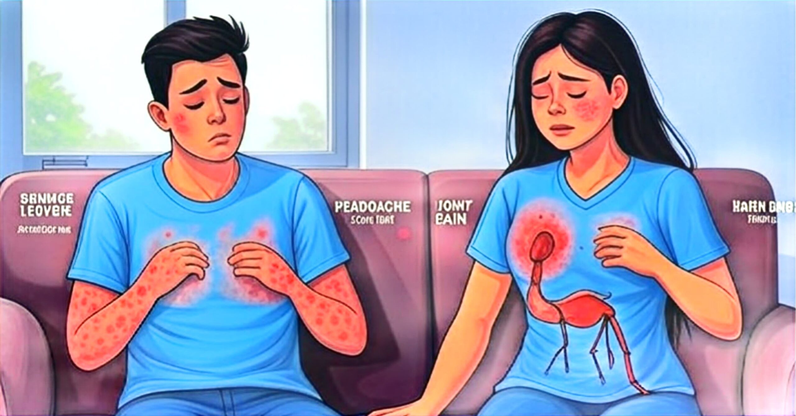 Dengue Fever 2025 symptoms infographic — high fever, headache, joint pain, rash