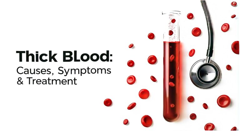 Featured medical concept image of thick blood with test tube, stethoscope, and red blood cells, health awareness blog Pakistan India.