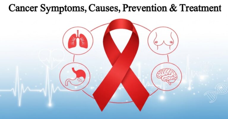 Cancer awareness ribbon with medical icons – Complete guide to symptoms, causes, prevention, diagnosis, and treatment of cancer