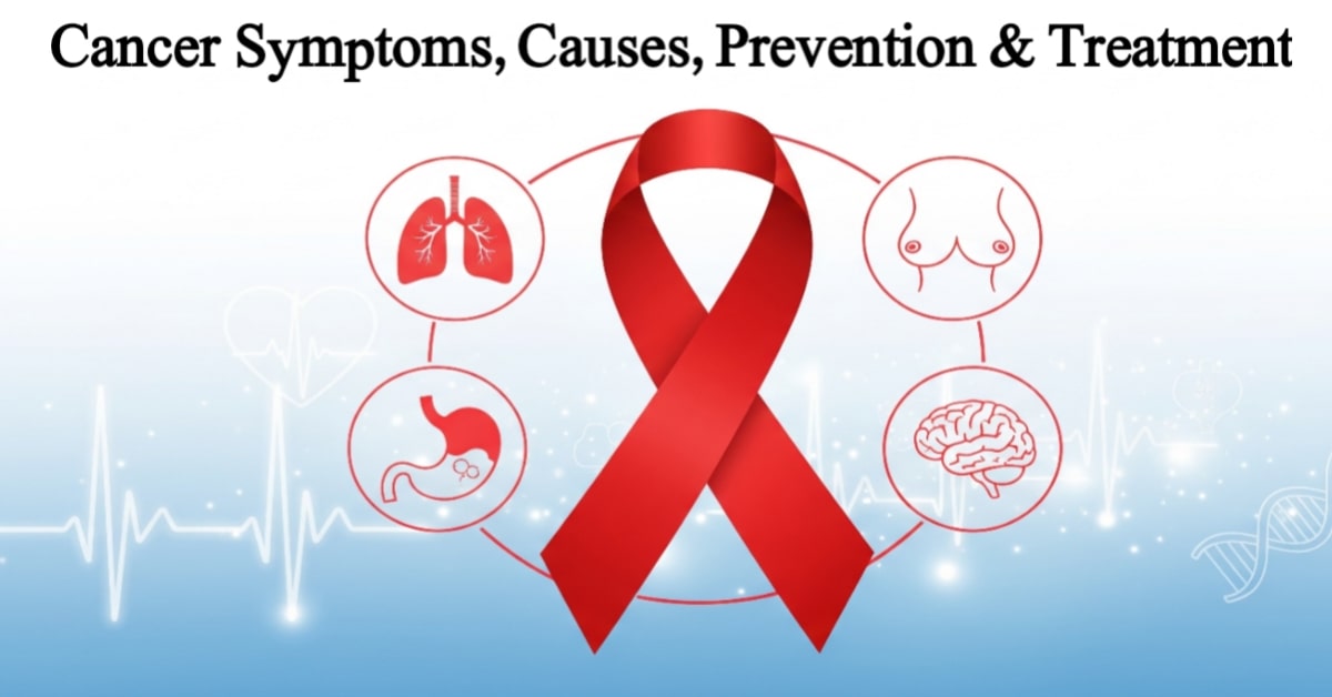 Cancer awareness ribbon with medical icons – Complete guide to symptoms, causes, prevention, diagnosis, and treatment of cancer