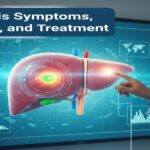 Hepatitis Symptoms guide showing a doctor examining liver health with a digital screen. A complete overview of Hepatitis causes, treatment, and prevention.