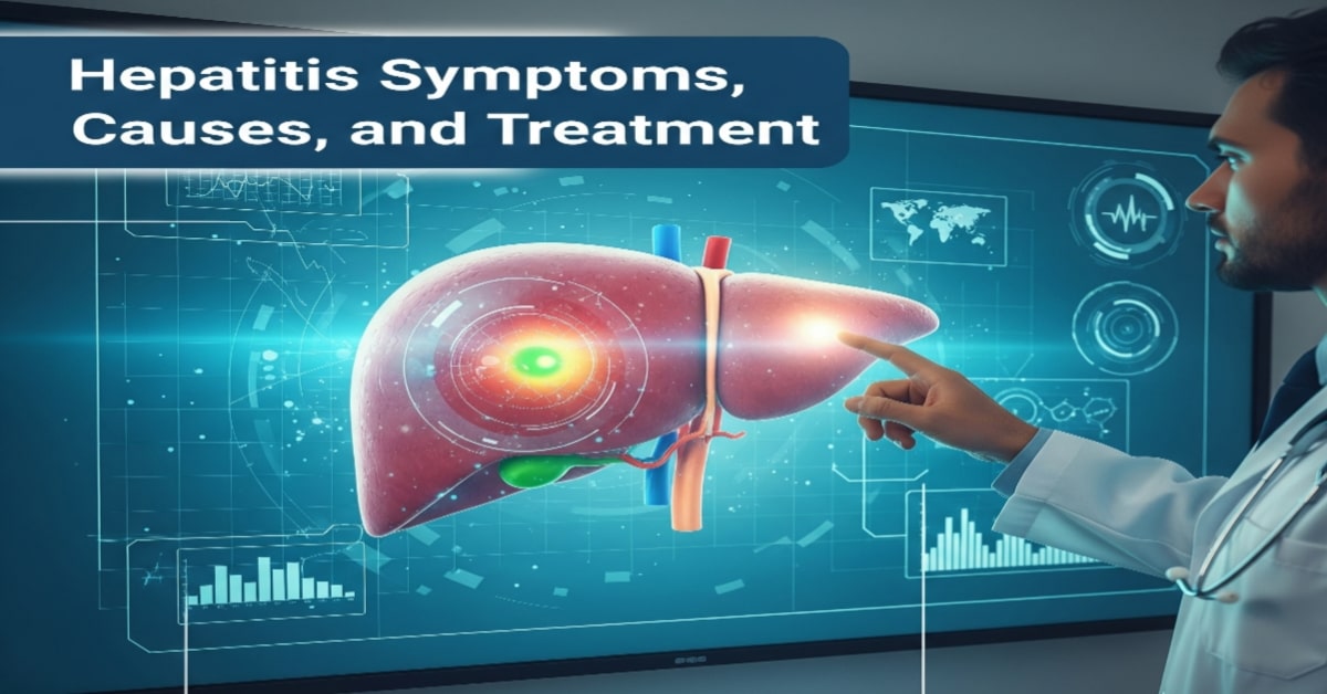 Hepatitis Symptoms guide showing a doctor examining liver health with a digital screen. A complete overview of Hepatitis causes, treatment, and prevention.