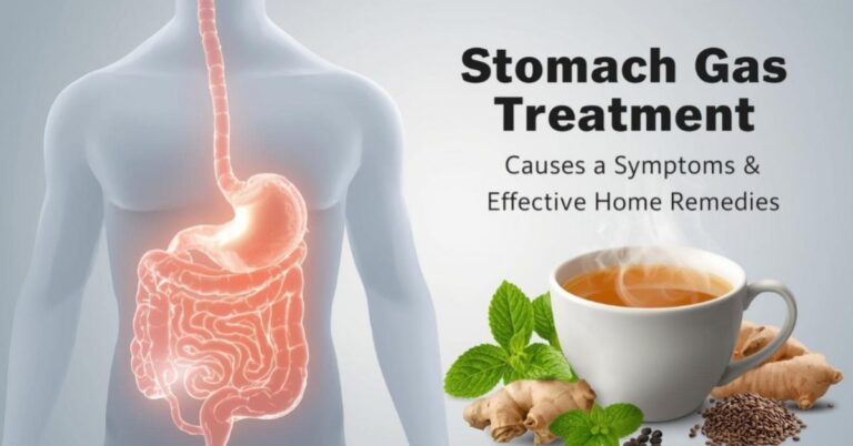 Stomach Gas Treatment with natural remedies like ginger, fennel, mint, ajwain, and herbal tea for quick relief.