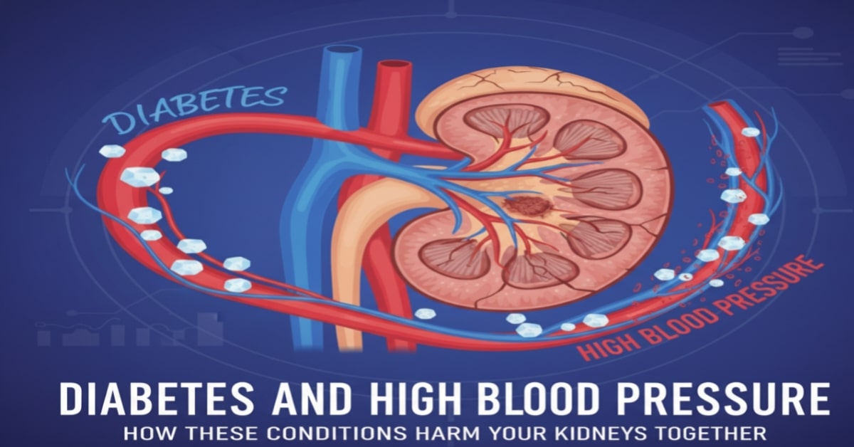Diabetes and High Blood Pressure Kidney Damage illustration showing kidney health risk and prevention tips