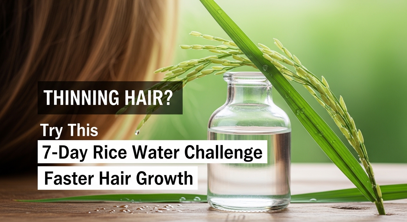Woman applying rice water rinse to scalp during 7-day challenge for thinning hair and natural hair growth support