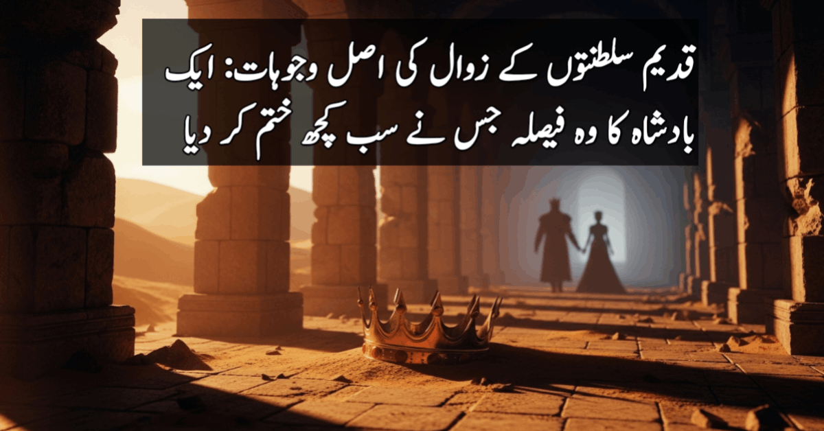 A dramatic ancient throne room in ruins with a broken golden crown on the floor representing the fall of a king.