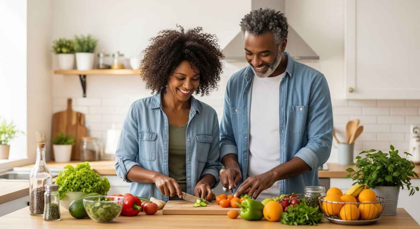Couple preparing fresh vegetables and fruits for healthy lifestyle and kidney support