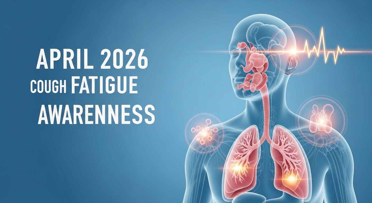 April 2026 cough and fatigue wave illustrated in 3D medical style showing common symptoms awareness