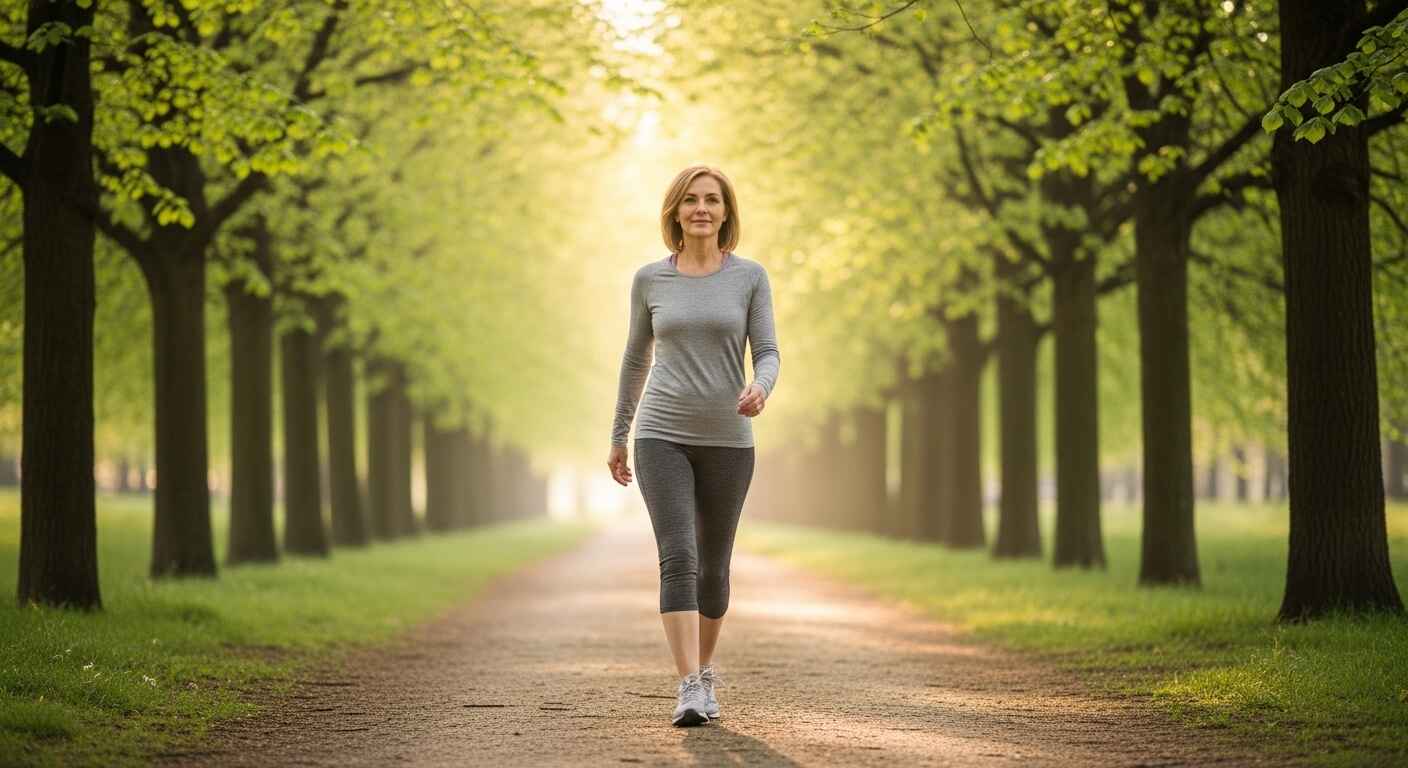 Woman walking in park for daily movement and kidney health support