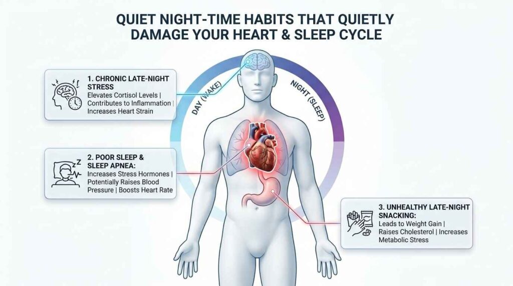 Night-time habits that quietly damage your heart explained through sleep and body diagram