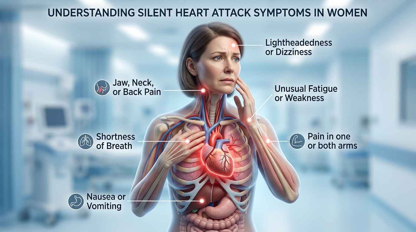 Silent heart attack signs in women illustrated in 3D medical anatomy diagram