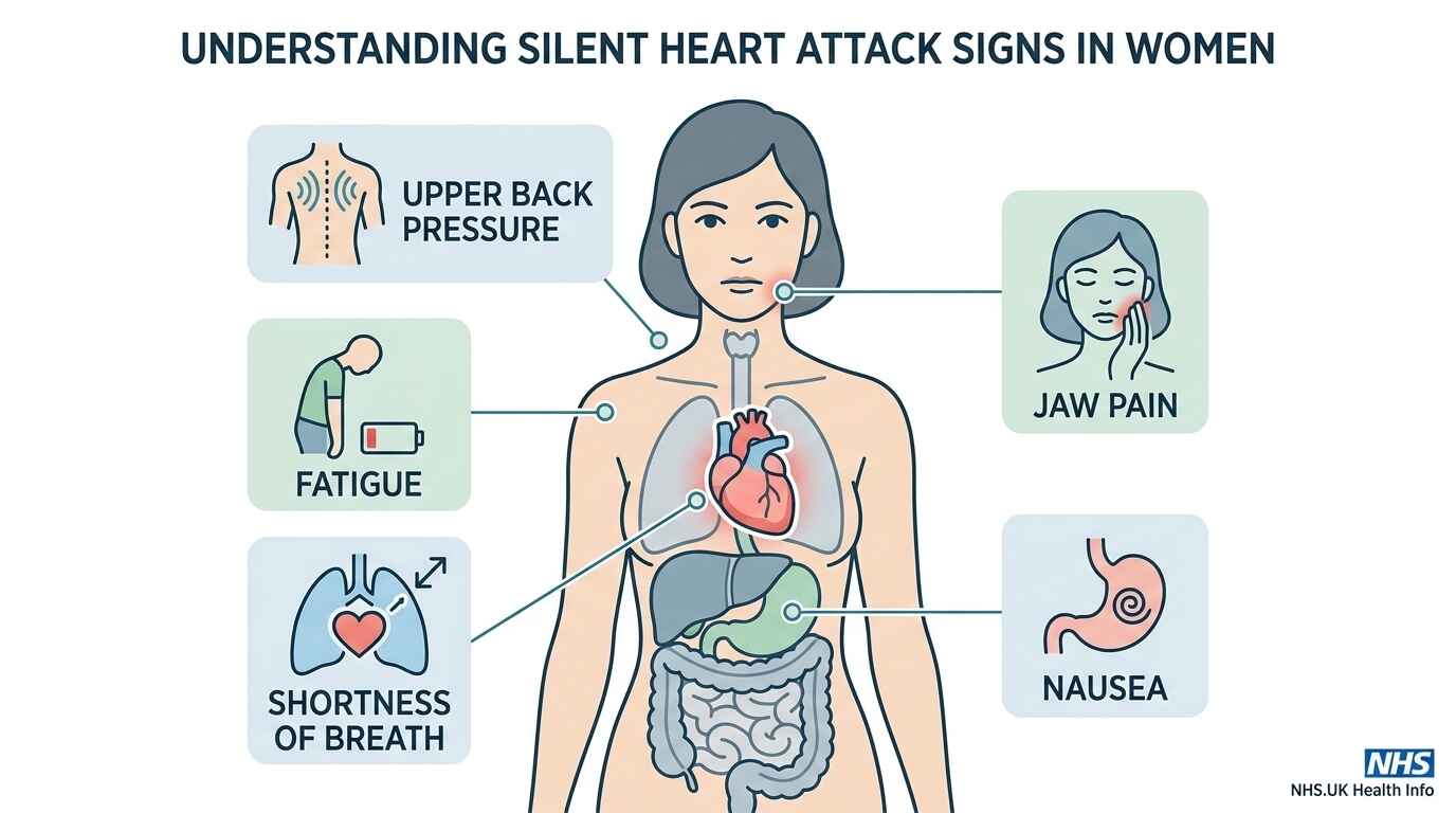 Infographic showing silent heart attack signs in women including fatigue, nausea and jaw pain