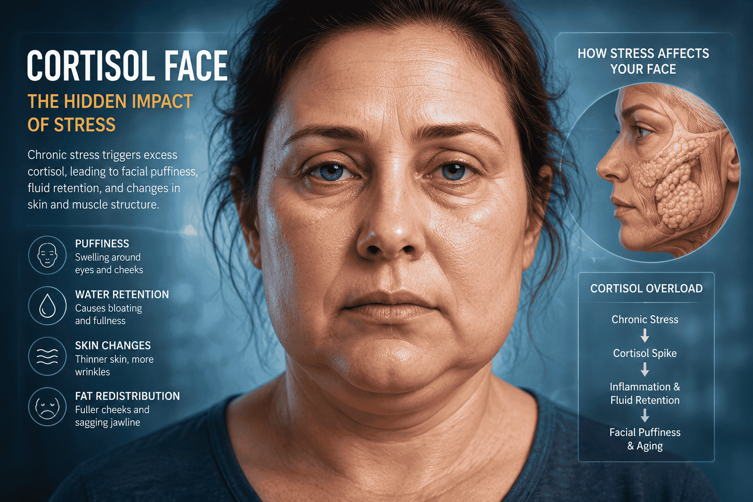 Cortisol face illustration showing stress-related facial puffiness